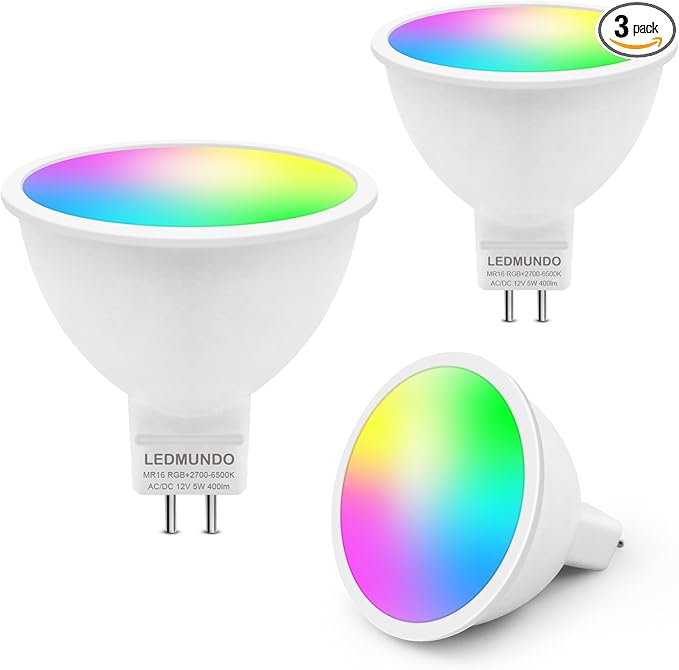 Smart MR16 LED Light Bulbs 5W, GU5.3 Bi-Pin Base, Compatible with Alexa/Google Assistant, AC/DC 12V, RGBCW Smart MR16 Bulb, WiFi Smart Spotlight Indoor Decoration, Dimmable, 3PCS