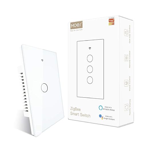 MOES ZigBee Smart Touch Wall Light Switch,Requires Tuya ZigBee Hub,No Neutral Wire/N+L Wiring,No Capacitor,Smart Life Tuya 2/3 Way Remote Control, Work with Alexa Google Home, 2MQTT,1 Gang White