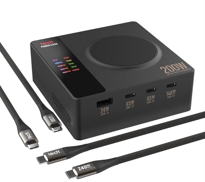 ISDT Power 200X 200W USB C Desktop Charging Station - 4+1 Ports Supports Fast chargingvarious Operating Systems with Power Adapter,with Magnetic Charging Function