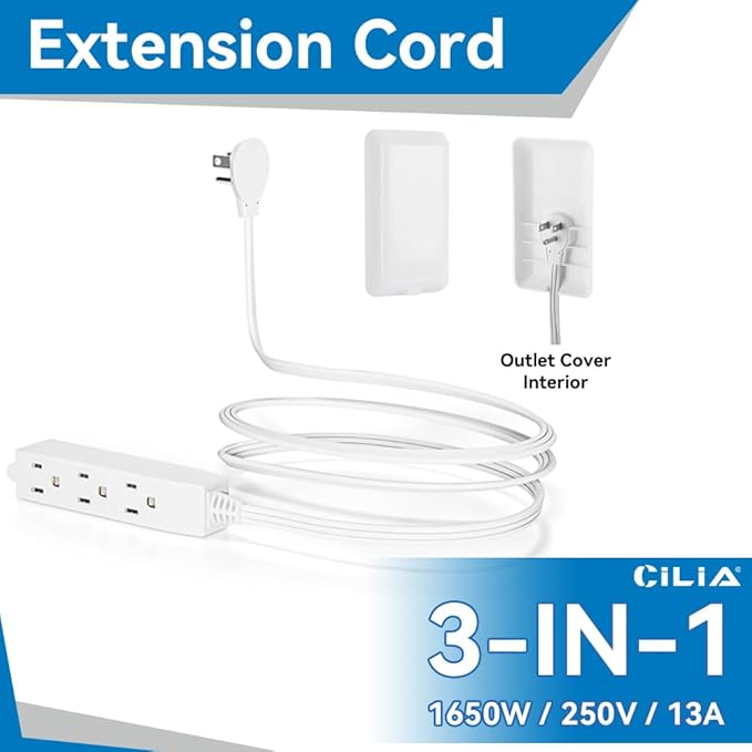 CILIA Flat-Face Outlet Extender, Ultra-Thin Wall Plate Plug with Cord Extender, 3 Outlets Power Strip, Childproof 3ft Extension Cord with Outlet Cover, Space-Saving, Hide Cords for Home, Office, White