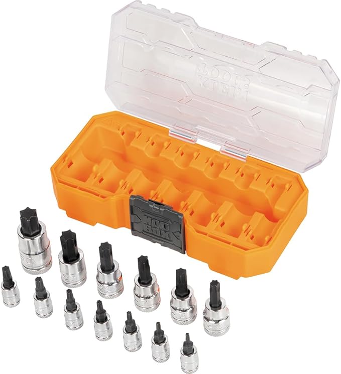 Klein Tools 65213TX Knurled TORX Bit Socket Set, T8 toT60, 1/4, 3/8 and 1/2-Inch Drives, Premium Cr-V Steel, MODBox Case, 13-Piece