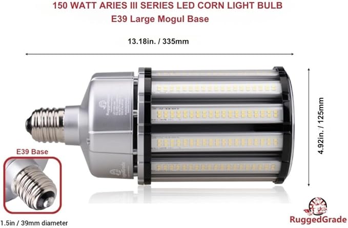 RuggedGrade Aries III Series 150W LED Corn Bulb | 22,200 Lumens | 5700K Daylight Bright | E39 Base | High Efficiency | DLC 5.1 Premium