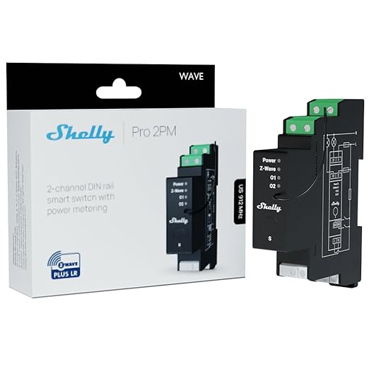 Shelly Wave Pro 2PM US LR | Z-Wave Long Range 2-Channel Smart Relay Switch with Power Metering | DIN-Rail | Home Automation | High Compatibility | Easy Installation | iOS Android App