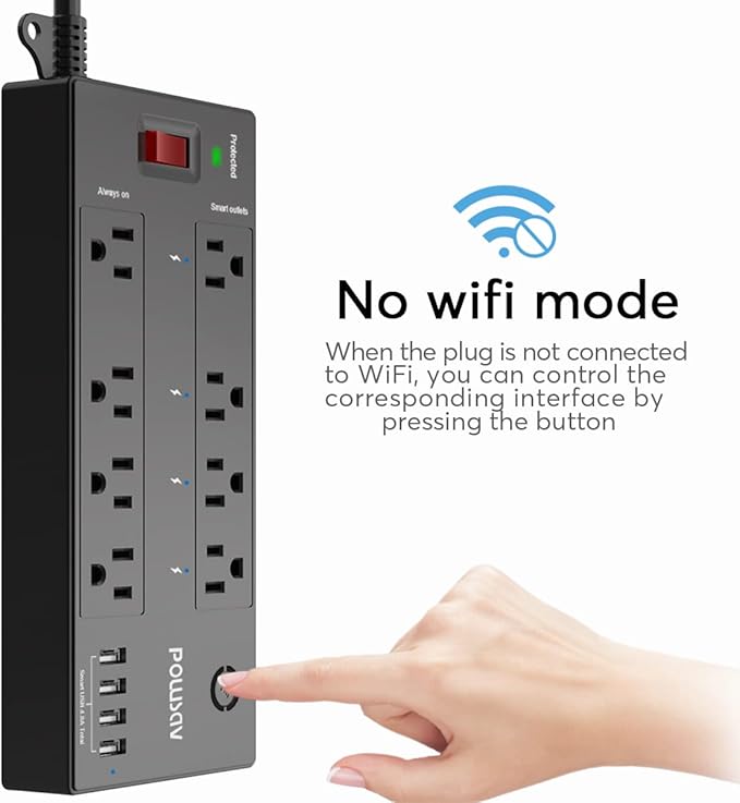 6 Ft WiFi Surge Protector - 8 Outlet Extension Cord with 4 Smart & 4 Always On Outlets, 4 USB Ports, Alexa & Google Home Compatible, Black