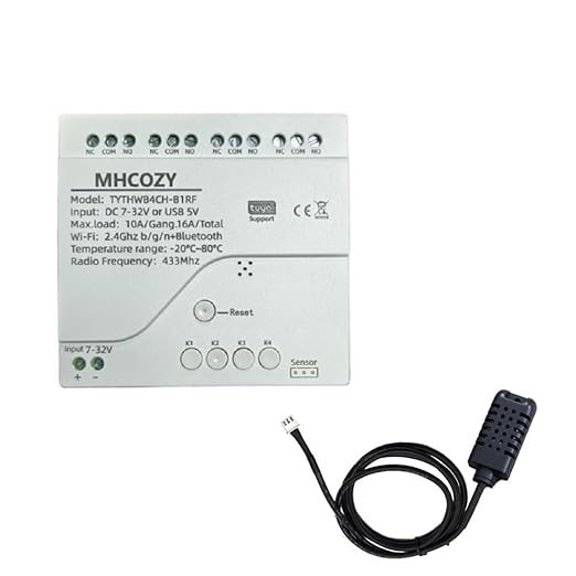 4 Channel Tuya app Dry Contact WIFI Wireless Smart Temperature Humidity Sensor Realy Switch,Compatible with Alexa Google Home, TYTHWB4CH-B1RF