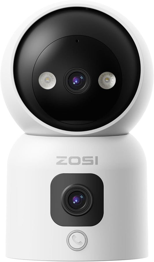 ZOSI Dual-Lens Indoor Security Camera, C528D Plug-in 360° View Pan/Tilt Smart Home Camera, Gesture/One-Touch Calling, Human Motion Tracking, Baby/Pet/Elder/Nanny Monitor, Memory Card & Cloud Storage