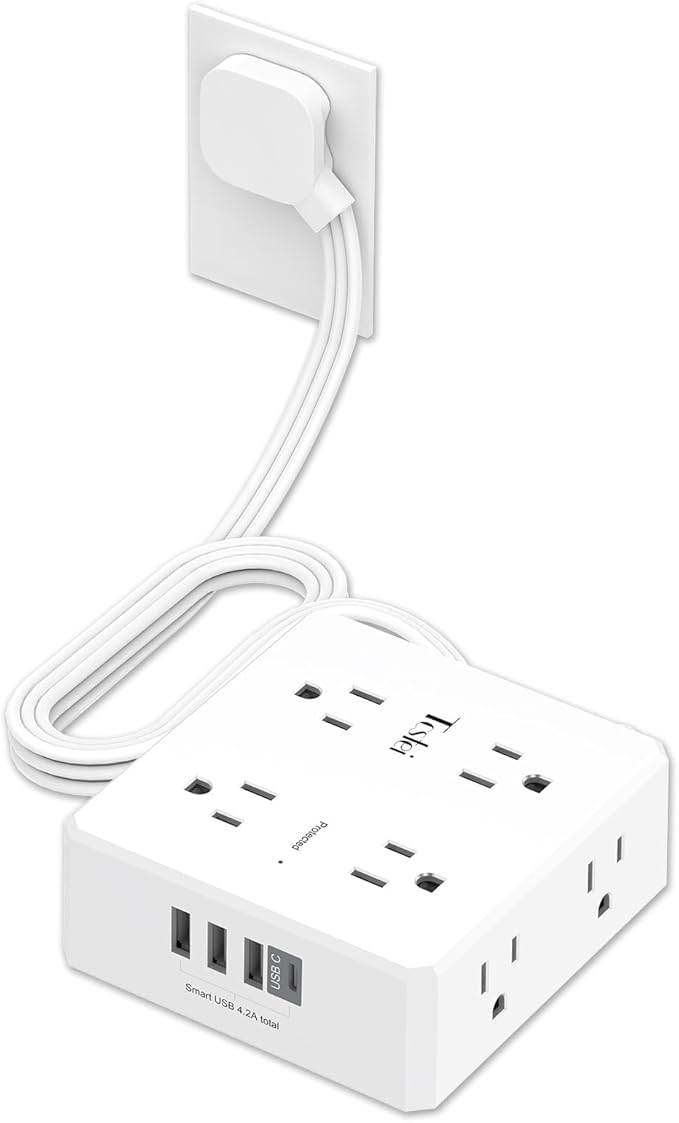 6 Ft Flat Extension Cord, Tcstei Ultra-Thin Flat Plug Surge Protector Power Strip, 3-Sided Outlet Extender, 8 AC Outlets and 4 USB Ports(1 USB C) for Home, Office, Dorm Room Essentials, ETL, White