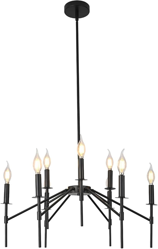 9-Light Black Chandeliers, Vintage Farmhouse Candle Chandelier for Dining Room, E12 Base High Ceilings Hanging Pendant Lighting Lights Fixtures for Bedroom, Kitchen, Entryway, Living Room