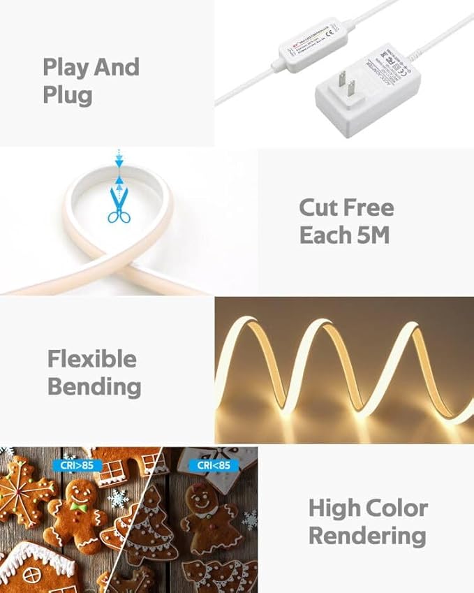 24V COB LED Strip Lights 10FT/3M 3000K Warm White LED Tape Light with Dimmer 320LEDs/M Dimmable LED Rope Light Outdoor Waterproof IP68 LED Light for Bedroom Cabinets Decor (Includes Adapter)