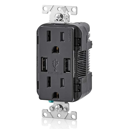 Leviton T5632-E Type-A USB in-Wall Charger with 15A Tamper-Resistant Outlet, USB Charger for Smartphones, Black
