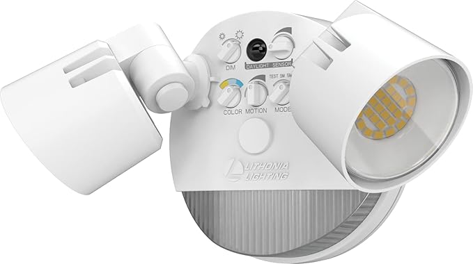 Lithonia Lighting HomeGuard 2-Light LED Outdoor Flood Lights, Motion Sensor Outdoor Lights with Dusk to Dawn, Adjustable Lumens and Color, Round Heads, White (HGX LED 2RH ALO SWW2 120 PIR WH M2)