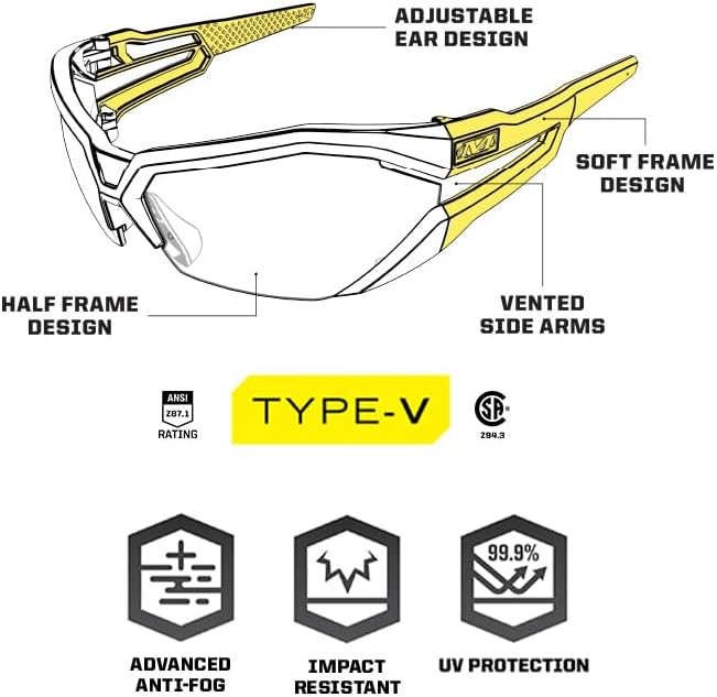 Mechanix Wear: Vision Type-V Safety Glasses with Advanced Anti Fog, Scratch Resistant, Half Framed Protective Eyewear, Lightweight Glasses with Adjustable Arms and Nose (Fire Mirror Lens)