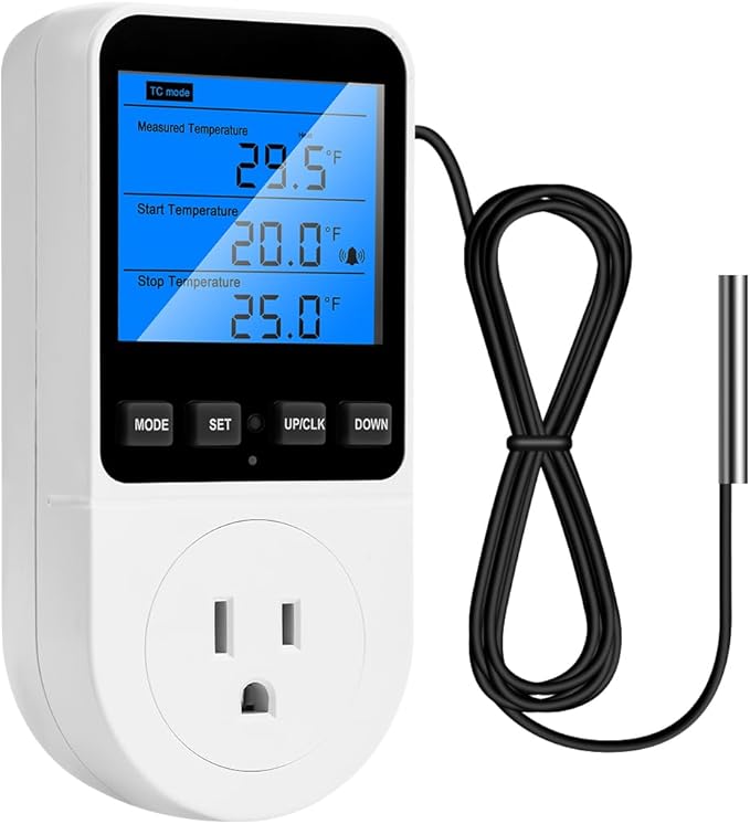 Diymore Plug in Digital Thermostat Temperature Controller Electric Digital Thermostat Heating Cooling Control Mode Timer 1800W 120V 15A Greenhouse Heater with Thermostat Backlit Display