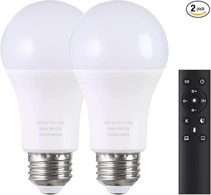 A19 LED Light Bulbs with Remote Control 1100LM 12W (80W Equivalent) LED Bulbs,Stepless Dimmable 3000K-6000K,E26 Base,CRI 80+,2.4GHz,Light Bulb for Home Decor,2Bulb&1Remote