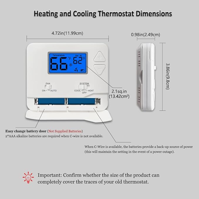 NonProgrammable Thermostat for Home, Digital Energy-Saving Thermostat,Single-Stage Systems, 1 Heat/1 Cool, Easy DIY Install, Blue Backlight
