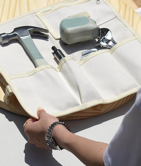 TINKR Home Essentials Tool Kit – Hammer, Ratchet Screwdriver, Tape Measure, Allen Keys & Wrench in Canvas Case. Modern Tool Set for DIY & Home Repairs