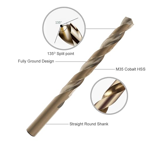 15Pcs Cobalt Drill Bit Set, M35 HSS, 135 Degree Tip, Twist Jobber Length Drill Bit Kit for Hardened Metal, Cast Iron, Stainless Steel, Plastic and Wood, with Indexed Storage Case 1/16"-3/8"