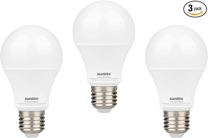 Sunlite 80859-SU LED A19 Light Bulb, Non-Dimmable 12 Watt (75W Equivalent), 1100 Lumens, Medium (E26) Base,ETL Listed, 3000K Warm White, 3 Count