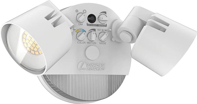 Lithonia Lighting HomeGuard 2-Light LED Outdoor Flood Lights, Motion Sensor Outdoor Lights with Dusk to Dawn, Adjustable Lumens and Color, Round Heads, White (HGX LED 2RH ALO SWW2 120 PIR WH M2)