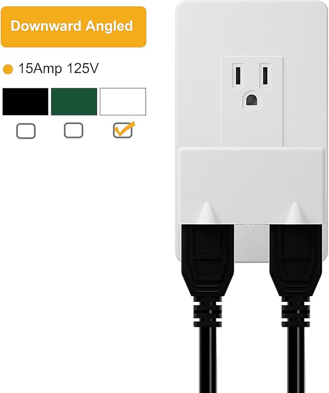 PA-0508W 90 Degree Right Angled USA Male-Female Power Adapter, 5-15P to 2 * 5-15R Direction Changer Space Save Adapter White