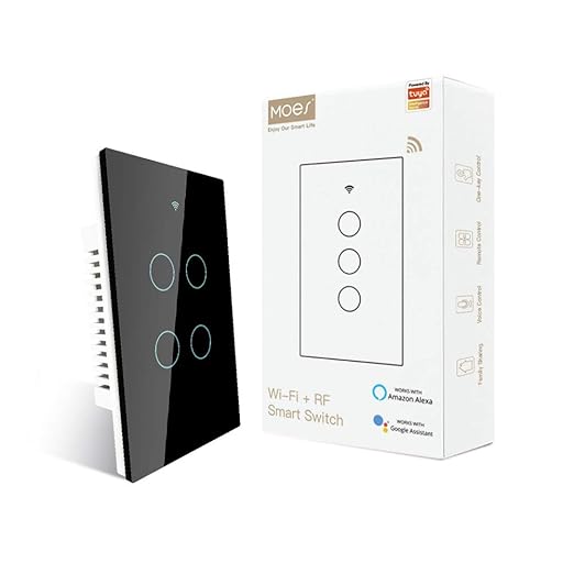 MOES 2.4GHz WiFi Wall Touch Smart Switch Neutral Wire Required, 3 Way Multi-Control, Glass Panel Light Switch Work with Smart Life/Tuya App, RF433 Remote Control, Alexa and Google Home Black 2 Gang
