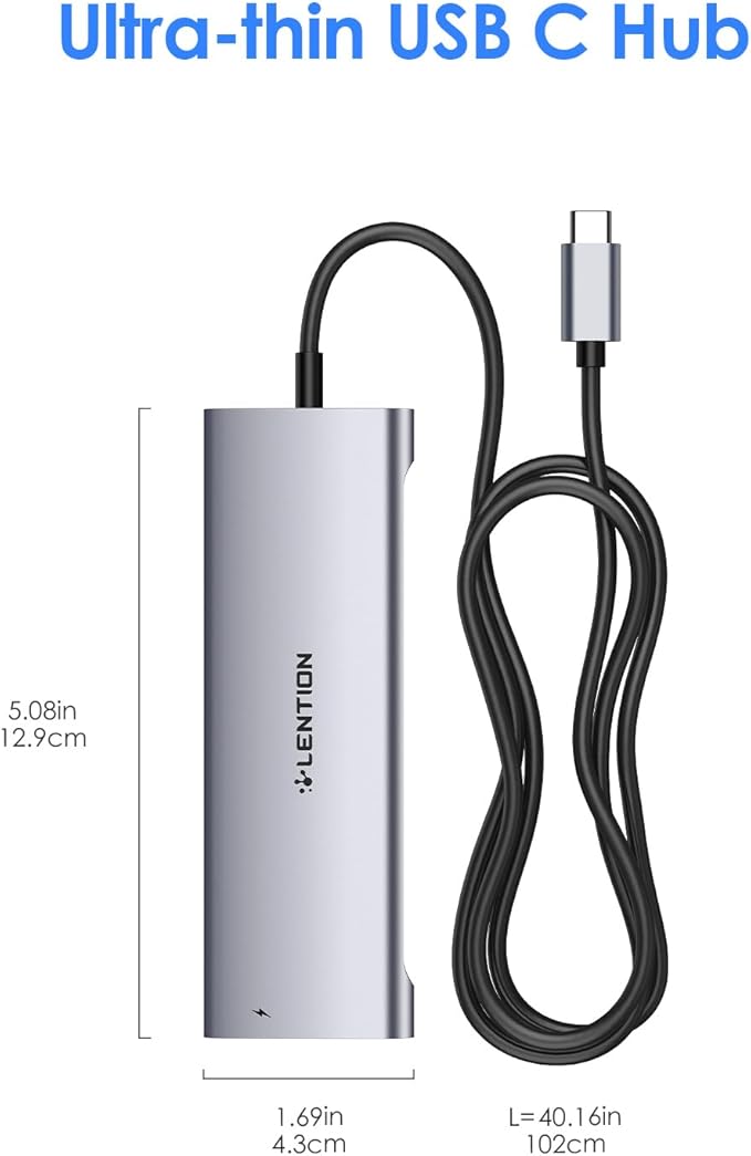 LENTION 3.3FT Long Cable USB C Hub with 4K HDMI, 2 USB 3.0, Card Reader, Aux, Type C Data/Charging Compatible 2024-2016 MacBook Pro, Mac Air/Surface, More, Stable Driver Adapter (CB-C37, Space Gray)