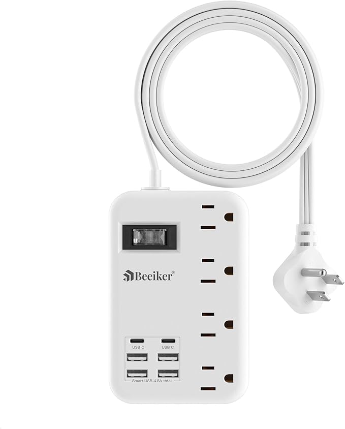 6 USB(2 USB C) Travel Power Strip- Flat Plug Extension Cord 3 Feet with 4.8A 24W USB Charging Station and 4 Outlets, 3 FT Short Extension Cord Portable for Travel Cruise Office College Dorm