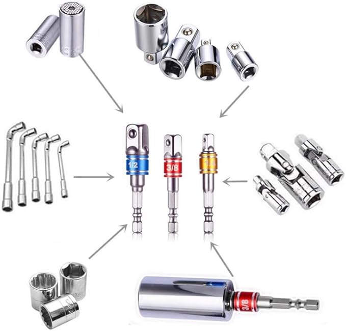 Impact Socket Adapter Set with 3 joint sockets (1/4", 3/8", 1/2") that transforms your power drill into a high-speed nut driver. Includes drill adapter and extension set for versatile use