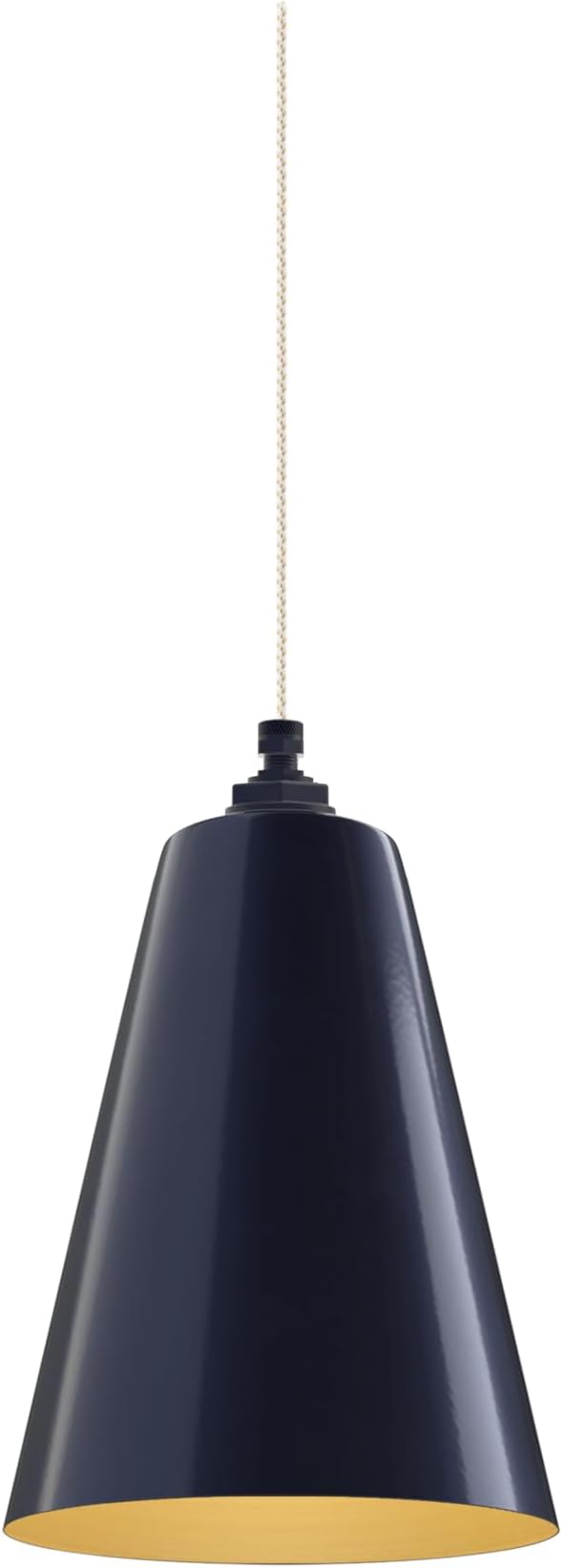 Steel Lighting Co. Laurel Pendant Light | Ceiling Mounted | 8.5 inch Cone Shade | Modern Contemporary Farmhouse Style Made in America | White Gold Cloth Cord | Navy Blue Exterior/Brass Interior