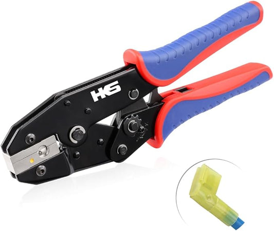 HKS Crimping Tool for Insulated Flag Terminals - Ratcheting Wire Crimpers -12-10AWG (4-6mm²) - Ratchet Terminal Crimper - Electrical Crimping Tool