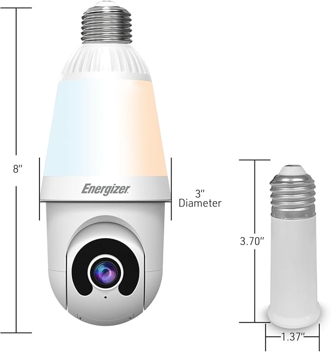 Energizer Smart 2K Light Bulb Security Camera, 1000 Lumens LED Light, 5GHz & 2.4GHz Wi-Fi Outdoor Socket Camera, Auto Tracking, Pan and Tilt, Night Vision, 2-Way Audio, Works with Google Home & Alexa