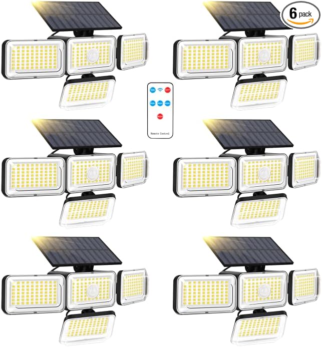 Mokot Solar Outdoor Lights, 288LED IP65 Waterproof Motion Sensor Outdoor Lights with Remote Control, 2800LM 4 Heads Solar Flood Wall Lights for Outside Yard - 6PACK Cool White