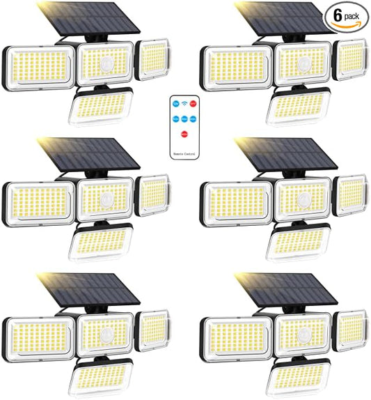 Mokot Solar Outdoor Lights, 288LED IP65 Waterproof Motion Sensor Outdoor Lights with Remote Control, 2800LM 4 Heads Solar Flood Wall Lights for Outside Yard - 6PACK Cool White