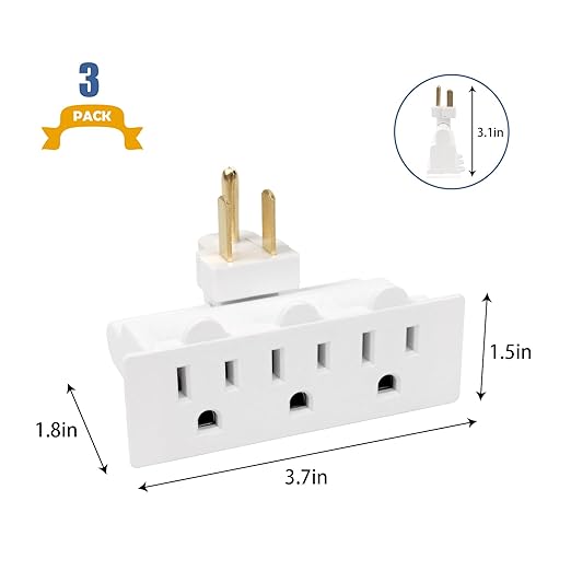 EXTRASTAR 3 Outlet Swivel Wall Adapter, 3 Prong Multiple Plug Outlet, ETL Listed Wall Tab, Electrical Outlet Extender with Grounded 180 Degree for Home Office Dorm - White (6 Pack)