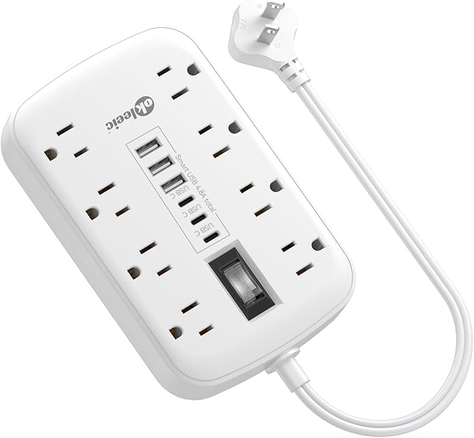 Short Extension Cord 1 ft - 2 Prong Power Strip 1700J Appliance Surge Protetor with 15A 8 Outlets 6 USB (5V/4.8A 24W) Charging Ports, Multi Plug Wall Outlet Extender for Home Office Dorm Roomc, White