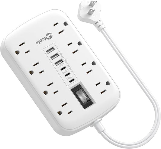 Short Extension Cord 1 ft - 2 Prong Power Strip 1700J Appliance Surge Protetor with 15A 8 Outlets 6 USB (5V/4.8A 24W) Charging Ports, Multi Plug Wall Outlet Extender for Home Office Dorm Roomc, White