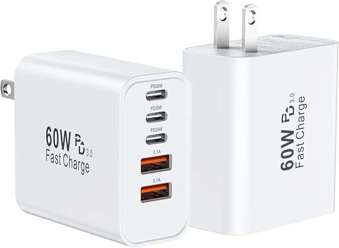 USB C Fast Wall Charger Block, 2Pack 60W USBC Charging Cubes, 5-Port PD+QC Power Adapter Multiport Brick Type C Box Plug for iPhone 17/16/15/14/13/12/11/Pro Max/Plus/Air, iPad mini/Pro,Galaxy S25/S24