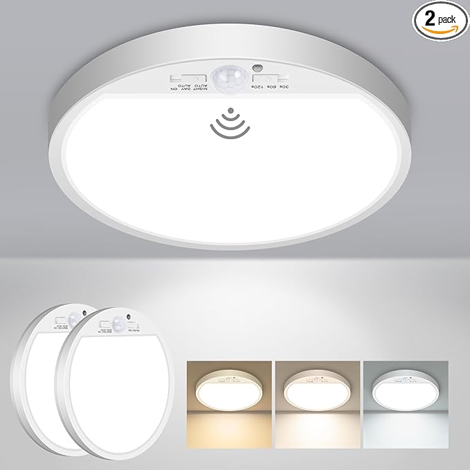 Slochi 2Pack Motion Sensor Ceiling Light Wired, 3000K/4000K/6500K Motion Sensor Light Indoor, 15W 1500LM 7 In Closet Lights Motion Sensored with Timer, Flush Mount Light for Hallway Wall Pantry, White