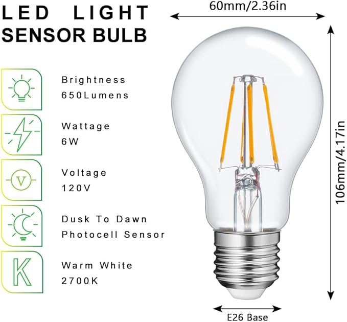 FAGUANGAO A19 LED Dusk to Dawn Light Bulbs Outdoor,6W 60W Equivalent,2700K Warm White,650 Lumen, E26 Edison Filament Photocell Sensor Bulb,Auto On/Off Vintage Bulbs for Porch,Patio,Garage,4 Pack