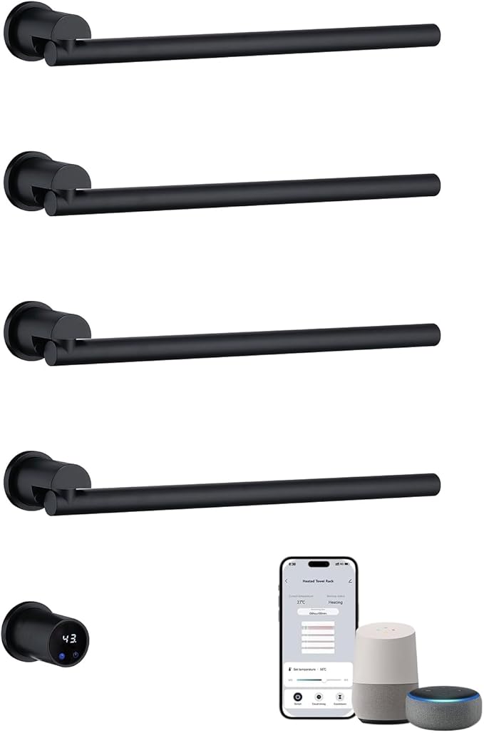 Electric Towel Warmer Concealed Smart, 75W Swivel Heated Towel Rack for Bathroom, Built-in Modular Electric Towel Rack with Timer, Thermostat, LED Display, APP, 4 Bar 180° Rotation, Hardwired, Black