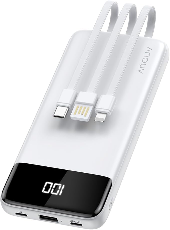 Portable Charger with Built-in Cables 10000mAh Power Bank with Cords, Slim Fast Charging Battery Pack, Travel Essential Portable Charger for iPhone 17/16/15/14/13 Series, Samsung Google Pixel iPad