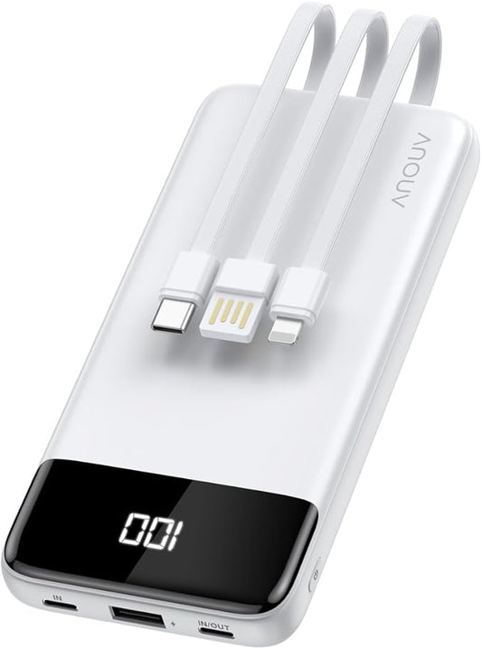 Portable Charger with Built-in Cables 10000mAh Power Bank with Cords, Slim Fast Charging Battery Pack, Travel Essential Portable Charger for iPhone 17/16/15/14/13 Series, Samsung Google Pixel iPad