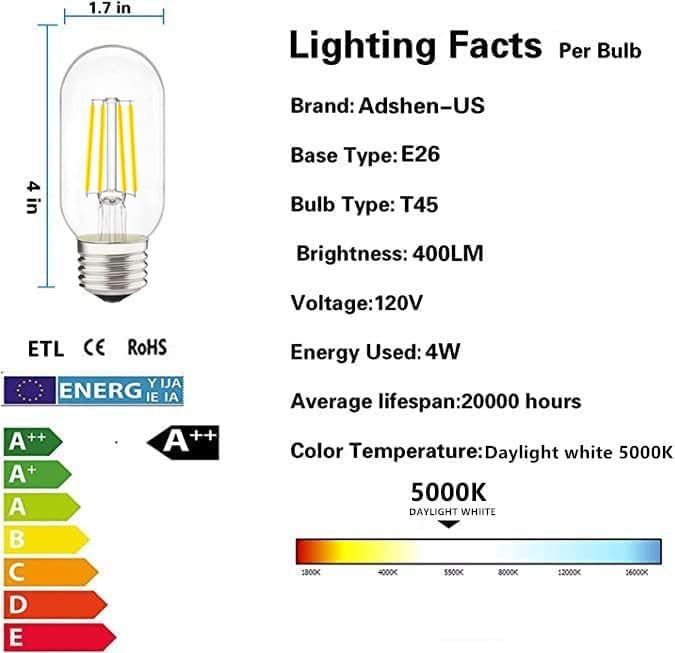 LED Tubular Bulb 4W,E26 Clear Edison Bulb,40W Equivalent 400 Lumens, Antique Edison Style LED Filament Light Bulbs,2700K Warm White Non Dimmable Pack of 6
