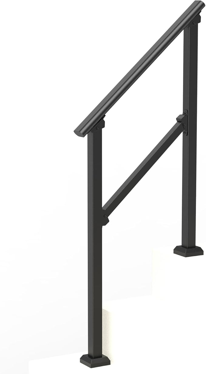 VEVOR Handrails for Outdoor Steps, 2-3 Step Stair Hand Rail Kit, Transitional Carbon Steel Railings with Installation Kit, Stair Rails for Seniors, Concrete Steps & Porch & Deck, Black Square Tube