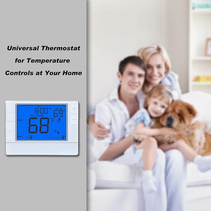 Super Programmable Thermostat for Home，2 Heat/1 Cool Heat Pump Or 1 Heat/1 Cool Conventional Systems, Blue Backlight