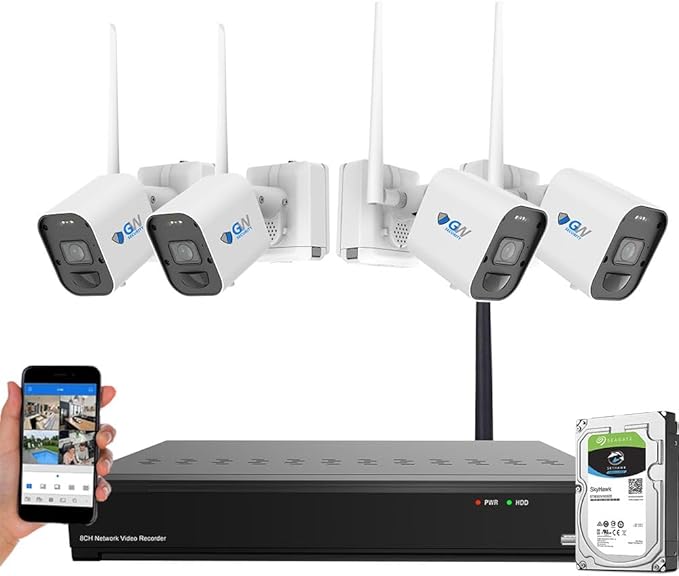 GW Security 8 Channel 4K WiFi Security Camera System, 8ch 4K NVR with 4 x 8MP WiFi Wireless Bullet Two-Way Audio Security Cameras, Spotlight Color Night Vision, Outdoor Indoor Surveillance