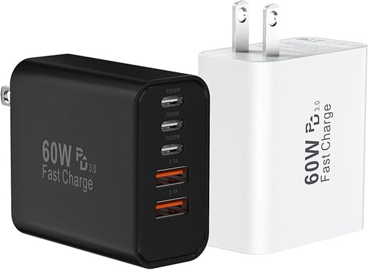 USB C Fast Wall Charger Block, 2Pack 60W USBC Charging Cubes, 5-Port PD+QC Power Adapter Multiport Brick Type C Box Plug for Phone 16/15/14/13/12/11/Pro Max/Plus, Pad Mini/Pro/S25/S24-White+Black