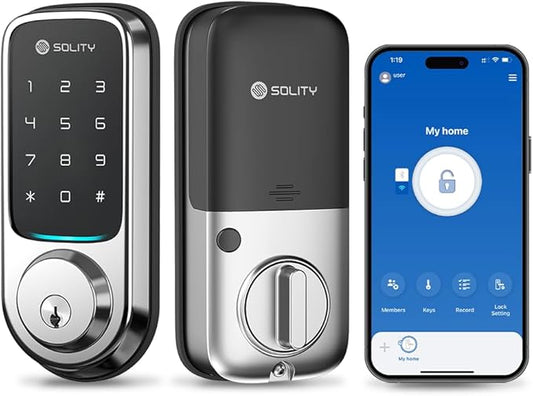 Solity No-Hub Smart Digital Door Lock, Designed in Korea, Keyless Entry, Wi-Fi, Remote Control, Touchscreen Keypad, Auto Lock, IP54 Waterproof GT10K Keypad (Satin Nickel)