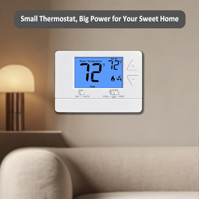 NonProgrammable Thermostat for House, Digital Energy-Saving Thermostat,Single-Stage Systems, 1 Heat/1 Cool, Easy DIY Install, Blue Backlight