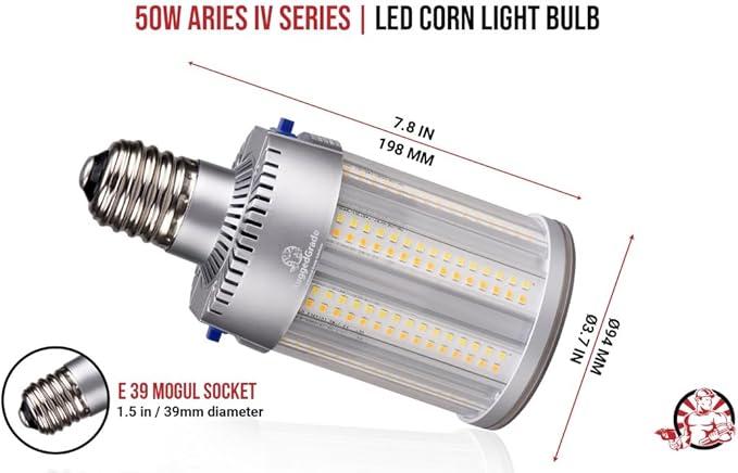 RuggedGrade Aries IV Series 50W LED Corn Bulb | 7,250 Lumens | 5000K Daylight | E39 Base | High Output Post Top or Area Lighting | DLC 5.1 Premium